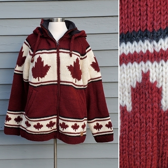 Northern Lifestyle Canadian Flag Maple Leaf Wool Knit Hoodie Coat Jacket Men's L - Picture 3 of 9